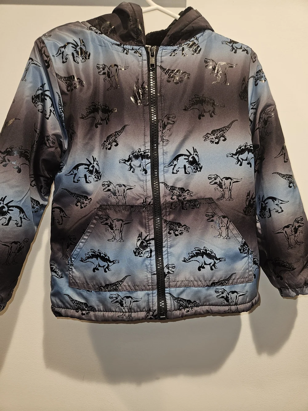 Kids' Blue Gradient Dinosaur Puffer Jacket - Hooded Zip Front
